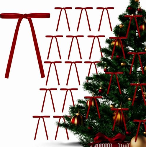 24 Pcs Burgundy Velvet Bows for Christmas Tree,Vintage Rustic Velvet Christmas Ornaments for Door Room Wreath Decor & Gift Wrapping(3/8'' Wide, 5 * 7 inch)