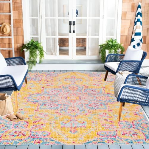 Blue Yellow Pink Vintage Distressed Floral Waterproof Outdoor Area Rug