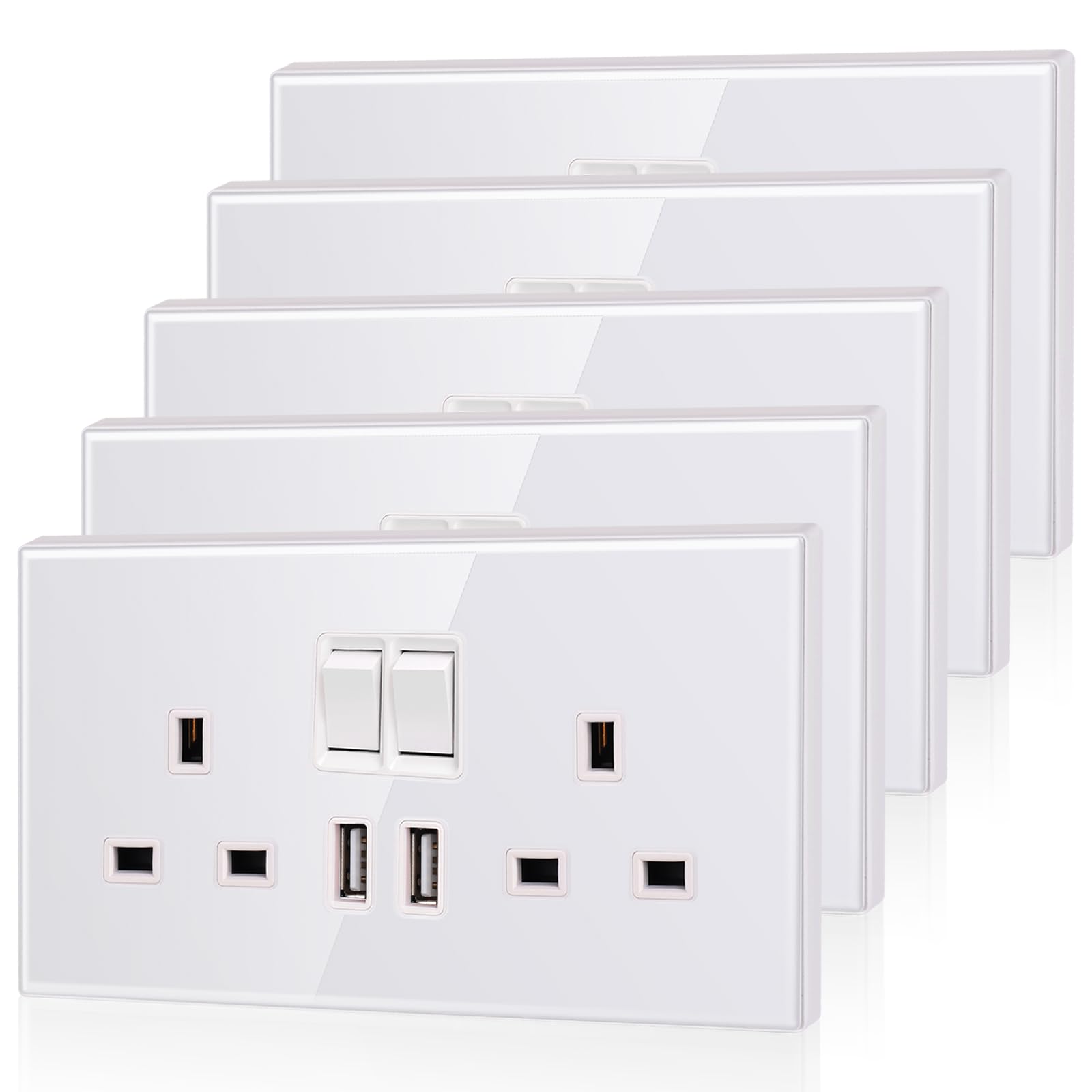 5 Pack CNBINGO Glass Double Switched Power Socket with 2 USB-A Charging Ports (2.1A Output), Electric Power Sockets 2 Gang 13 Amp, White Double Wall Outlet with Tempered Glass Panel