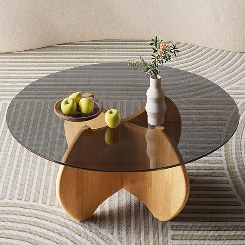 LIGUIEN Mesa de Centro para Salón, Mesa de Centro Redonda Cristal, Patas de Madera Maciza, Estilo Minimalista para El Hogar, Sala de Estar, Dormitorio Fácil de Montar(Natural,70x35cm/28x14in)