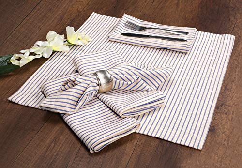Native Fab Set of 12 Farmhouse Stripe Cloth Dinner Napkins Cotton 18x18 Absorbent Soft Restaurant Hotel Quality, Everyday Use Easy Care Washable Wedding Dinner Napkins Blue Beige