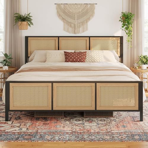 LIKIMIO King Bed Frame Platform Bed Frame with Rattan Headboard and Sturdy Metal Slats Support No Box Spring Needed Noise Free Easy Assembly