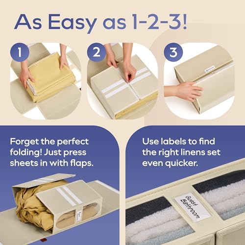 BAMBALIK 8x Bed Sheet Organizer Storage Boxes with Big See-Through Windows | Bedsheet Organizers Redesigned. Robust Bed Sheet Storage | 15x13x5 in. Sheet Organizers Containers (Off-White) by BAMBALIK - Used condition - Image 5