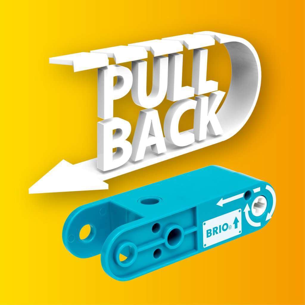 Close-up of the blue pull-back motor with 'PULL BACK' text