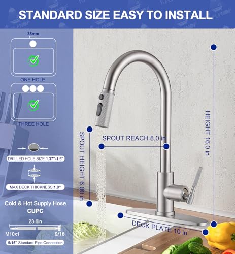 Image of Kitchen Faucet with Pull Down Sprayer, Brushed Nickel Stainless Steel Single Handle Kitchen Sink Faucet with 10 inch Deck Plate, 3 Spray Modes, RV Kitchen Faucet for Camper, Outdoor