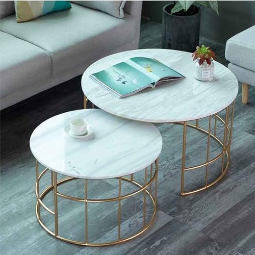 Image of Modern Round Coffee Table Set with Space-Saving Circle End and Side Tables for Living Room Office Balcony or Yard Stylish & Durable Furniture with Sturdy Metal Frame (Gold & White)