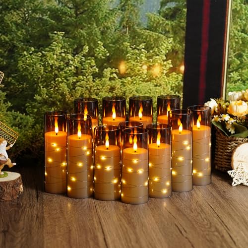 Image of Sasigeiaa Flameless Candles with Embedded Star String - Battery Operated LED Candles, with Remote,12 Grey Flickering Candles for Christmas, Weddings, Home Decor & Party,(D 2.3 inchxH 5 inch 6 inch 7 inch)