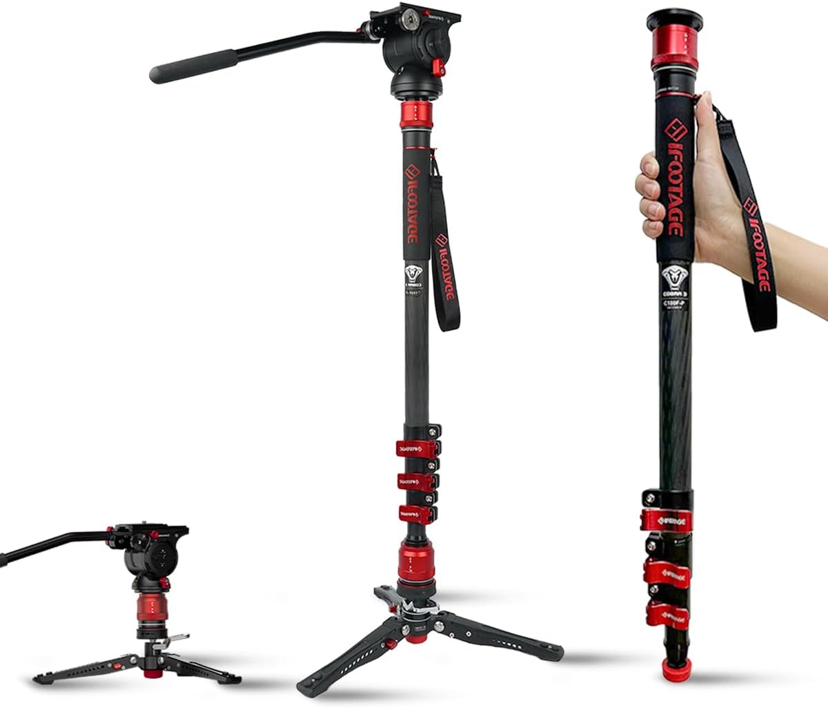 IFOOTAGE 71”Video Monopod with Fluid Head,Carbon Fiber Monopod with Feet,Pedal Base Tripod CB3 Base-P Low Profile,for Sony,Nikon,DSLR,Max.Payload 17.64lb/8KG,Cobra 3 C180F-P + K5S