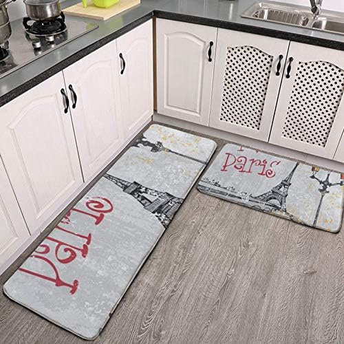 2 Pieces Kitchen Rugs Happy Valentine's Day Intage France Street Love Paris Eiffel Tower Anti Fatigue Comfort Cushioned Kitchen Floor Mat Kitchen Rugs and Mats Non Skid Water Absorbent Washable Stain-