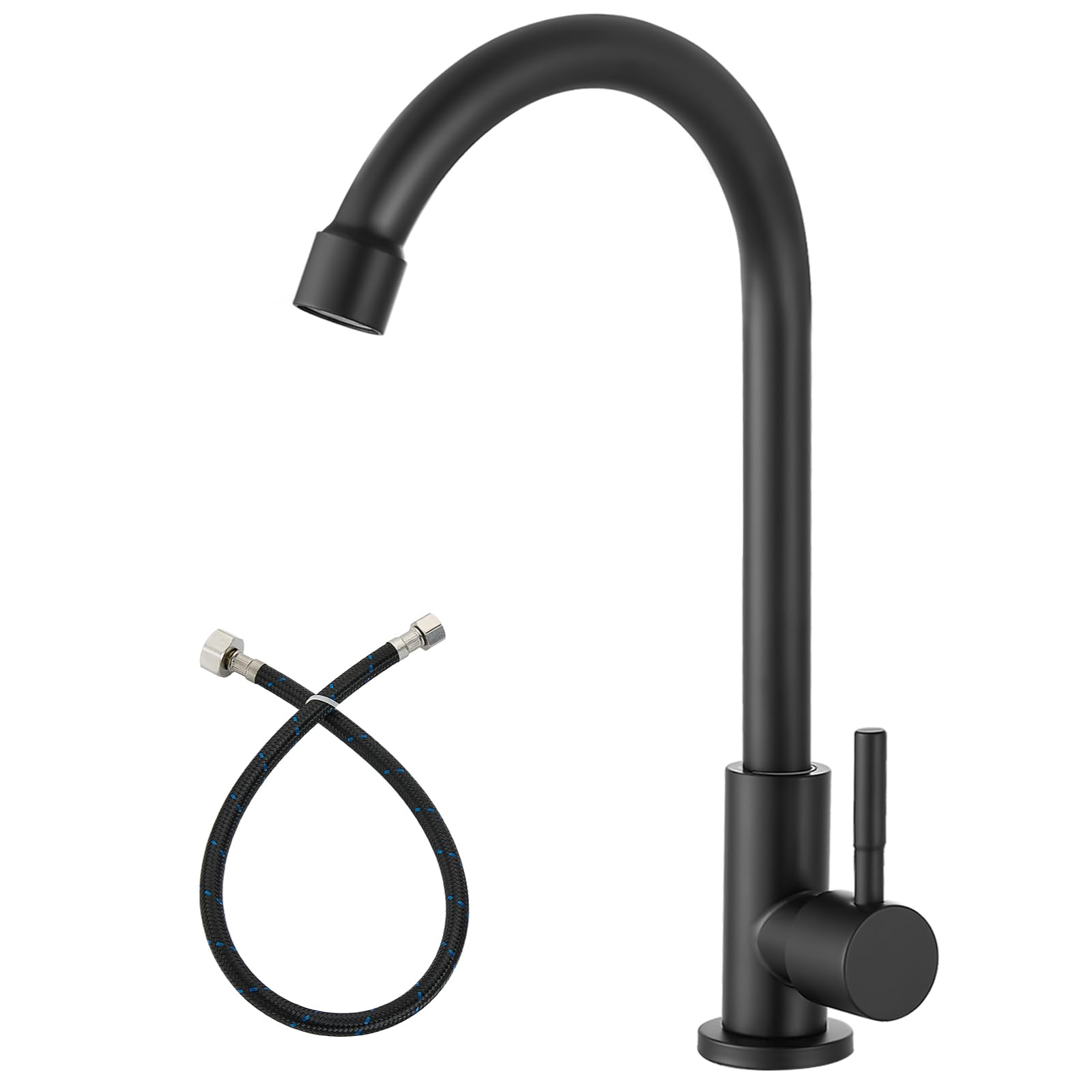 Heyalan Cold Water Only Kitchen Faucet SUS304 Sink Faucets High Arc Gooseneck 360 Degree Rotation Spout Basin Tap with Longer Thread Pipe,Matte Black