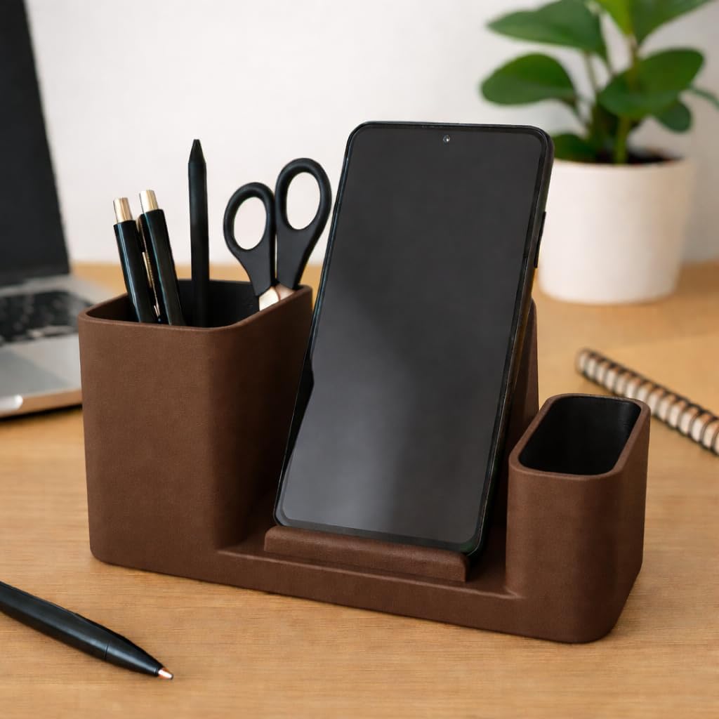 Desktop Phone Stand and Pen Holder, Multi-Compartment Desk Organizer with Phone Display Stand, Office Stationery Storage (Matte Dark Chocolate)