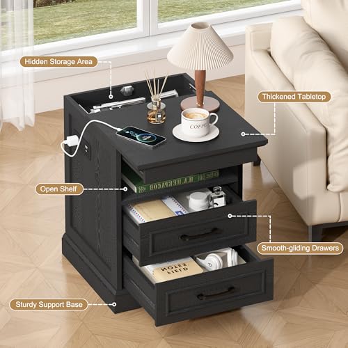 Yusong Farmhouse Nightstand Bedside Table with Charging Station, 2 Drawers, Black French Sofa Couch End Side Table with Pull-Out Table Top, Built-in Lock for Bedroom Living Room, Wood by Yusong - Image 3