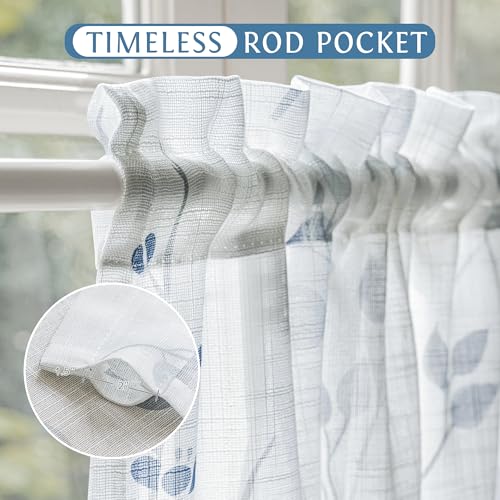 Image of Beauoop Linen Floral Semi Sheer Valance Curtains Kitchen Blue Grey 52x18x1