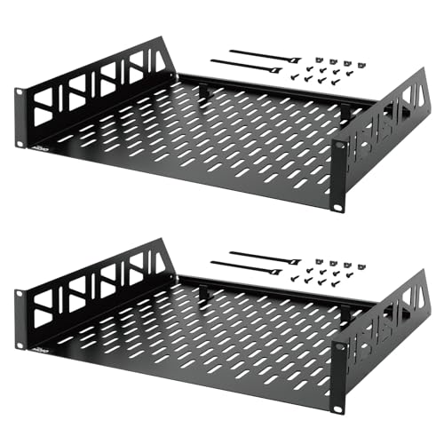 Tecmojo 2 Pack 2U Rack Shelf 19 inch Rack Mount Shelf 14 inch Depth with Anti-Slip Stops Server Rack Shelf and Network Shelf for 19 in Equipments 55lbs Capacity of Vented 2U Shelf Black No Lip