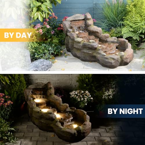 Image of Bumilgar 42 in Natural-Style Tier Garden Rock Water Fountain Outdoor, Floor-Standing Fountains that Feature Gentle Waterfall and LED Lights for Patio, Backyard, Deck, Porch, Home Decor