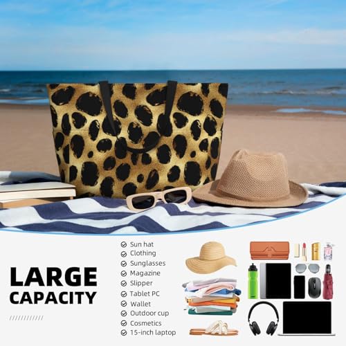 Large Beach Bags for Women Sandproof - Dark Gold Leopard Print Summer Work Travel Tote Bags with Zipper4
