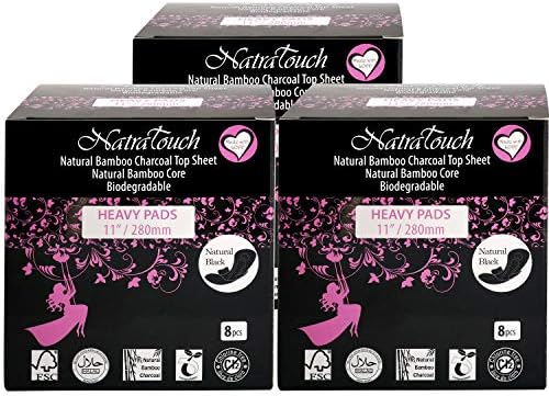 NATRATOUCH ~ COMPOSTABLE ~ Natural Bamboo Charcoal Sanitary Pads (Heavy Flow - 2 Pack Total 16 Pads)