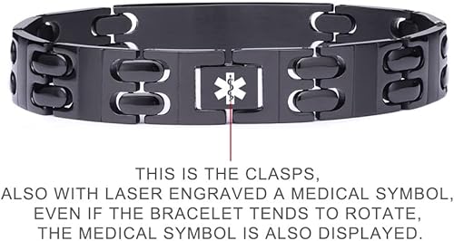 Miniatura 3 de LinnaLove - Pulsera de alerta médica para hombre, grabado gratis, acero inoxidable ajustable, fibra de carbono, pulsera de identificación médica