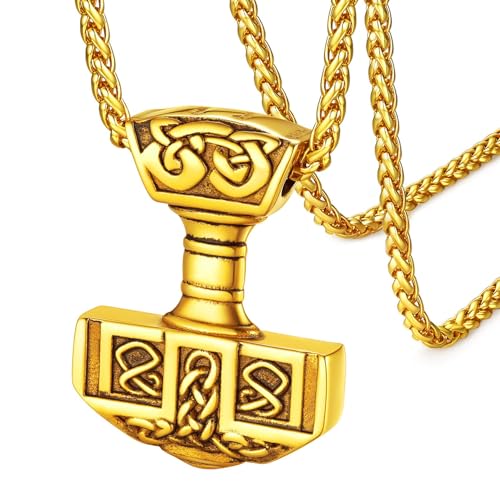 FaithHeart Viking Thor's Hammer Talisman Necklace for Men, Vintage Norse Mjolnir Amulet Pendant with Sturdy Wheat Chain, Stainless Steel Jewelry (Gift Box) 01. Thor Hammer Celtic-Black no cu