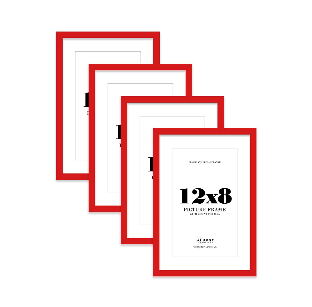 Red Picture Frame 12x8 With 10x6 Mount for Photos - Wall & Table Display, Landscape or Portrait, 4 Pack
