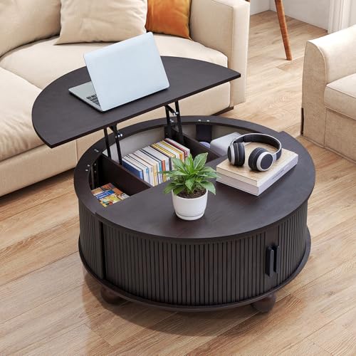 Image of Round Lift Top Coffee Table with Storage, Fluted Circle Coffee Table,Black