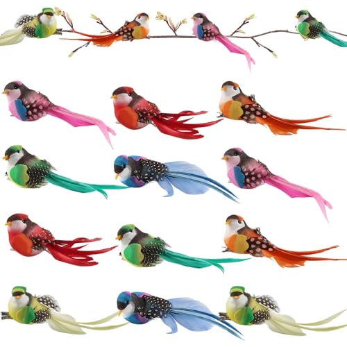 Lot de 12 oiseaux décoratifs en plumes artificielles - Multicolore - Décoration de jardin - Avec plumes - Rouge, bleu, jaune, rose, orange, turquoise