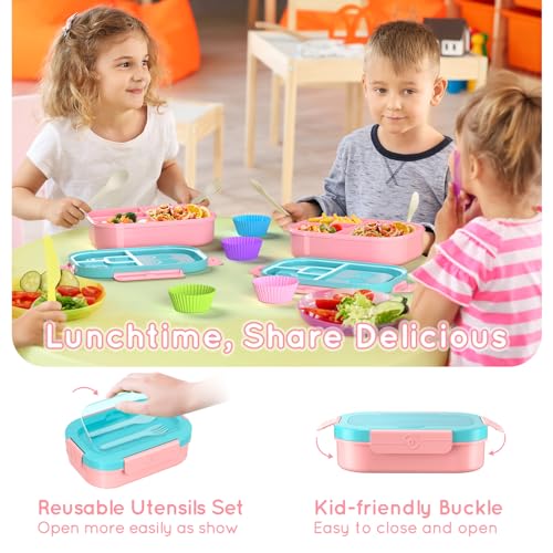 Image of Lunch Box Kid Adult Bento Box, 4-Compartment Food Lunch Containers with Fork & Spoon, BPA Free, Leak-Proof Bento-Style Lunch Box for Work School, Microwave & Dishwasher Safe (Candy)