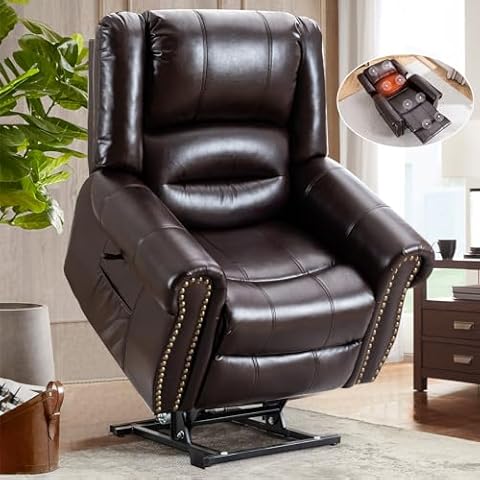 SENYUN Dual Motor Lay Flat Power Lift Recliner Chair for Elderly with Heat and Massage, Breathable Leather Large Infinite Position Electric Chairs for Seniors Living Room, Brown Cover