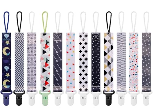 Image of 12 Pack Minimalist Neutral Baby Pacifier Clip, Modern Simple Design Pacifier Holder, Unisex for Boys Girls, Secure Clip, Stylish Baby Gift (Multicolor E 25.5cm)