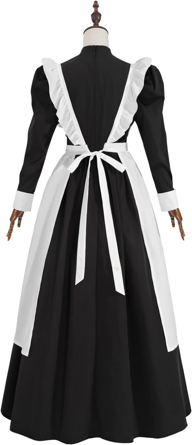 NSPSTT Pioneer Dress Women Prairie Colonial Costume with Apron Victorian Maid Outfit Black