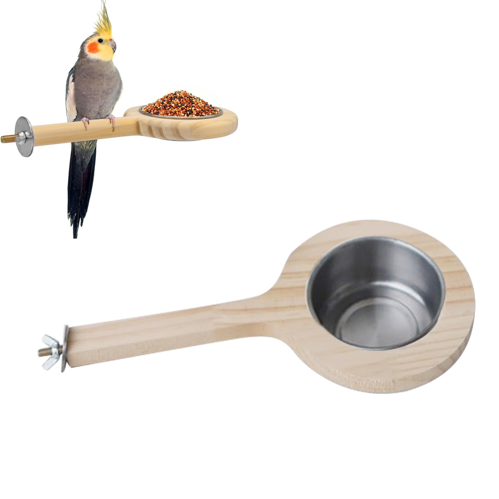 Mangiatoia per uccelli dimensioni con trespolo in legno e tazza alimentazione in acciaio inossidabile antiruggine, stazione alimentazione per ciotola per acqua per uccelli da gabbia