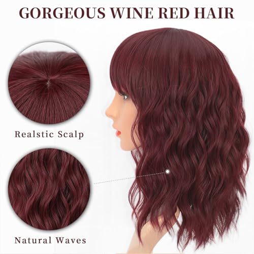aisi hair curly bob wig with bangs short wavy wine red color wigs for women bob style synthetic heat resistant bob wigs
