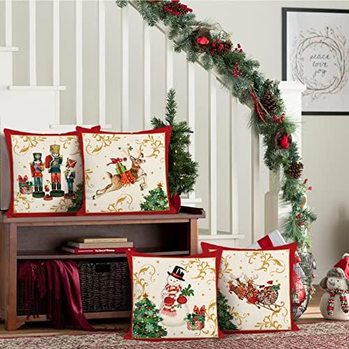 Bonhause Christmas Cushion Covers 18 x 18 Inch Set of 4 Christmas Reindeer Nutcracker Snowman Decorative Throw Pillow Covers Polyester Linen Pillowcases for Sofa Couch Bed Xmas Decor, 45 x 45 cm