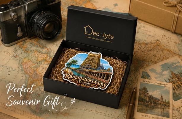Image of Ramanathaswamy Temple Theme Wooden Fridge Magnet Souvenir | 3x3 in Kitchen Home Decor Gift