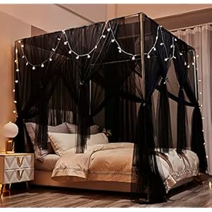 Nattey Betthimmel mit 4 Ecken, Betthimmel – 4 Öffnungen, doppellagig, gemütlich, Bettvorhänge, Netz – Schlafzimmerdekoration (California King, Schwarz)