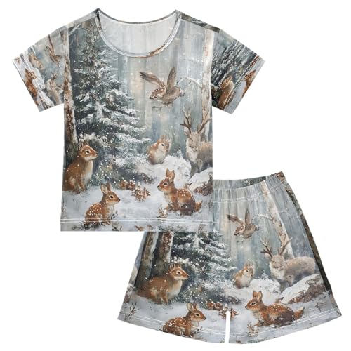 ALAZA Christmas Rabbit Bunny Deer Squirrel Pajamas Set Short Sleeve Cotton Sleepwear Summer Pjs 2 Piece 5-14Y