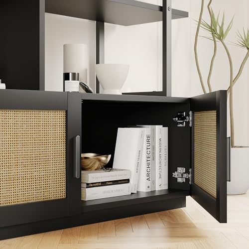 5 Tier Tall Bookshelf with Open Display Shelves, 71 Inch Rattan Classical Book Shelf with Storage, 5 Open Storage Bookcase with Metal Frame for Living Room, Bedroom and Home Office