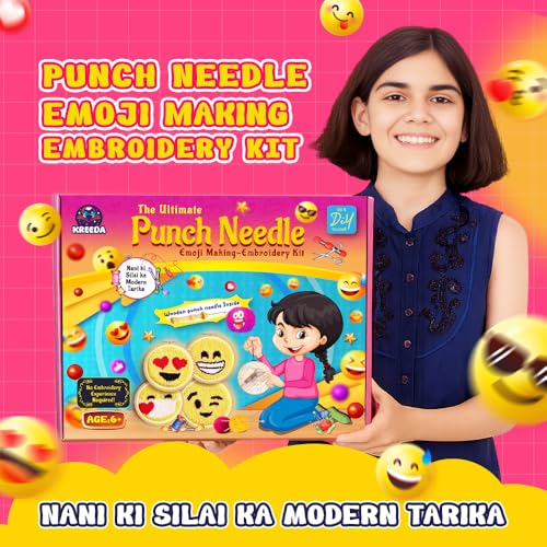 Image of KREEDA Punch Needle Embroidery Kit, DIY Creative Activity, Emoji Embroidery DIY kit, With Wooden Hoop Monk Clothes and Woolen Yarns. Gifts for Girls & Boys Ages 6, 7, 8, 9, 10, 11, 12 (Punch Needle Emoji)