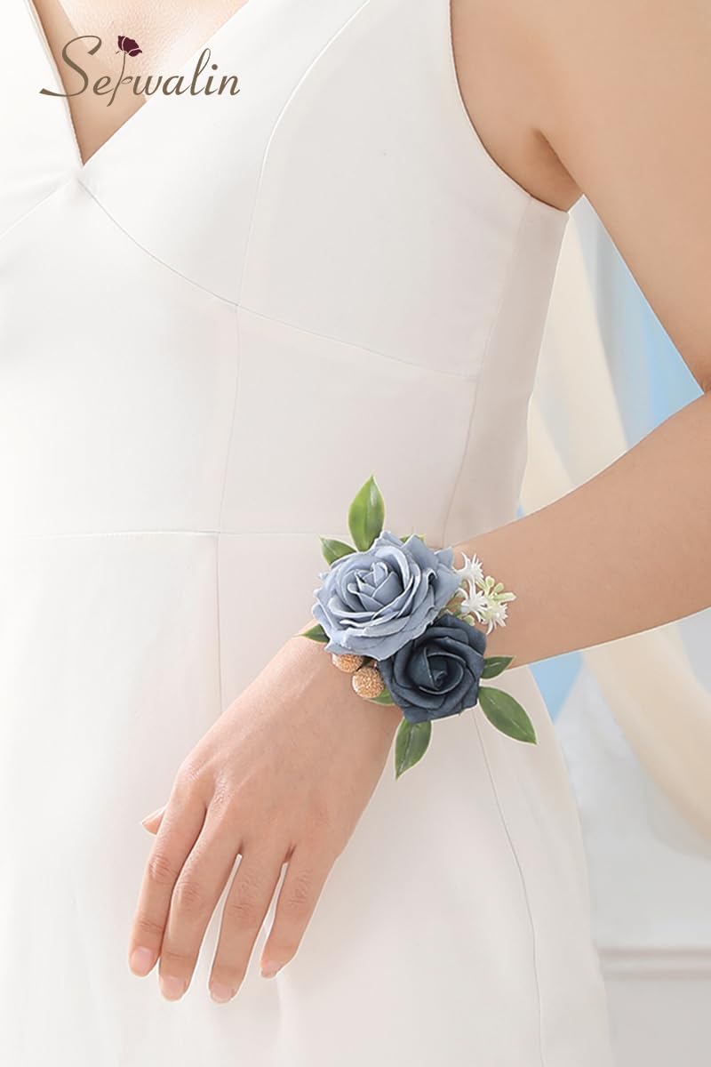 Serwalin Blue Rose Corsage and Boutonniere Set, 2Pcs Dusty Blue Boutonniere and Wrist Corsage Wristband Prom Flower for Wedding Flowers Accessories Prom Suit Decorations - Image 9