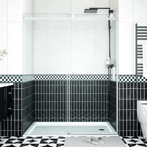 Image of GarveeTech 56 inch - 60 inch W x 76 inch H Frameless Sliding Shower Door with Handle, 5 /16 inch (8mm) Clear Explosion-Proof Tempered Glass, Waterproof Seal Strip, Brushed Nickel Finish