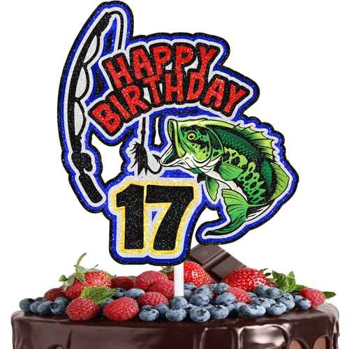 Fishing Theme 17th Happy Birthday Cake Topper, Fisherman Bass Fish Party Decorations for Teenage Boys, Gone Fishing Outdoor Sports Birthday Cake Decor Supplies (17th)