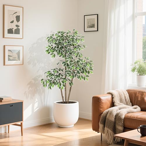 GarveeHome 5ft Artificial Ficus Tree,Tall Faux Floor Plant with White Tall Planter -Fake Plants for Home Decor Indoor with 3 Natural Trunks & White-Edged Leaves,Faux Greenery Tree for Garden Decor