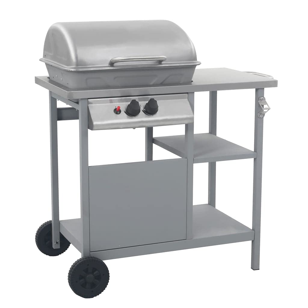Grill gazowy z 2 palnikami i stolikiem pomocniczym, stacja grillowa do ogrodu i na taras, stal nierdzewna i stal malowana proszkowo, moc 5,5 kW