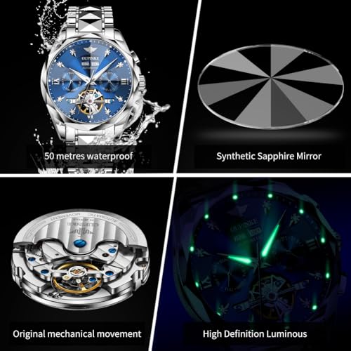 Image of OLEVS Men's Watches Automatic Skeleton Self-Winding Original Mechanical Blue Luxury Sapphire Crystal Dress Gifts Wrist Watches