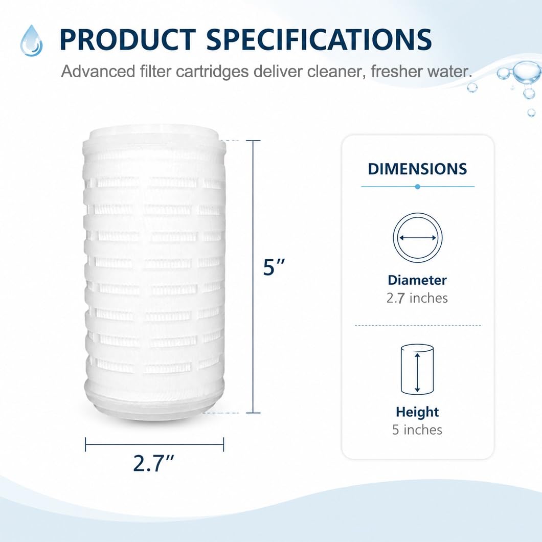 Zestaw 6 uniwersalnych plisowanych filtrów sedymentacyjnych 5 x 2,7 cala, pasujących do5-calowych obudów filtrów do uzdatniania wody w całym domu i obiektach komercyjnych