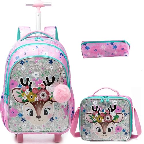 Girls Rolling Backpack for School Kids Wheeled Bookbag Set with Lunch Box Primary School Carry On Luggage with Wheels for Elementary Students Cute Daypack for Travels (12814T-3)