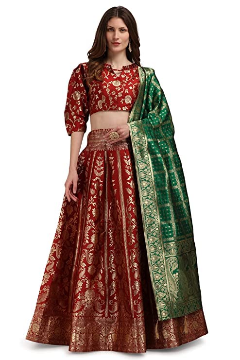Damska sukienka żakardowa Lehenga Choli & Dupatta na wesele, dowolny rozmiar (Lehenga: częściowo szyta i bluzka: bez szycia)