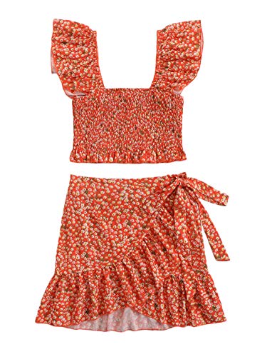 Makemechic Women's Two Piece Ruffle Trim Cami Crop Top And Wrap Skirt Set Orange L #TOP6