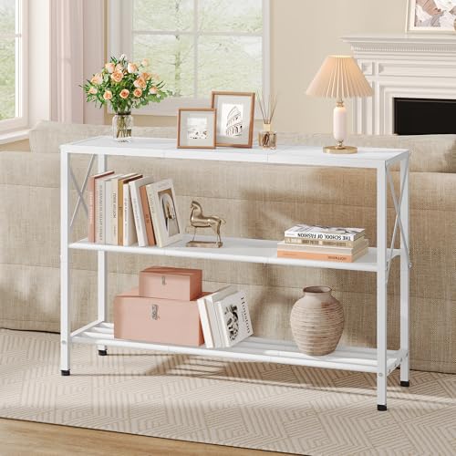Image of Hoctieon White Industrial Console Table, 3 Tier Entryway Tables, Hallway Desk, Narrow Sofa Tables with Shelves, Entrance Table for Entryway, Living Room, Foyer, Hallway, Office, White