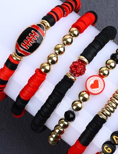 Game Day Bracelets Football Charm for Women Football Bracelets Red Black Blue Heishi Clay Beaded Stretch Bracelets Stackable Sports Bracelet Bangles Football Mom Accessories Outfits3